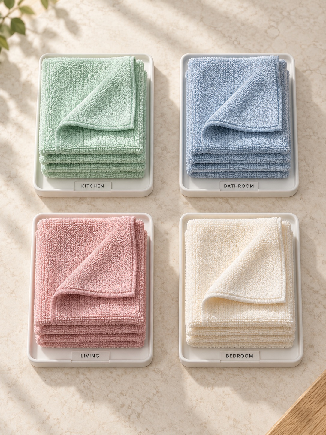 MintHome cleaning illustration: Different rooms. Separate cloths.