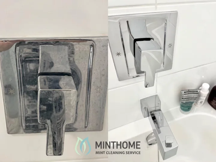 The details around the taps — Water marks on bathroom fixtures, before and after.