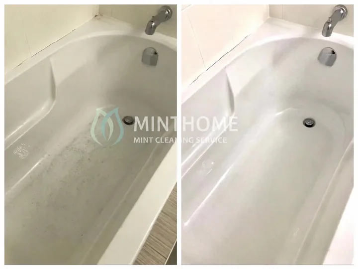 A closer look at the bathtub — Marks on the bathtub surface, before and after cleaning.
