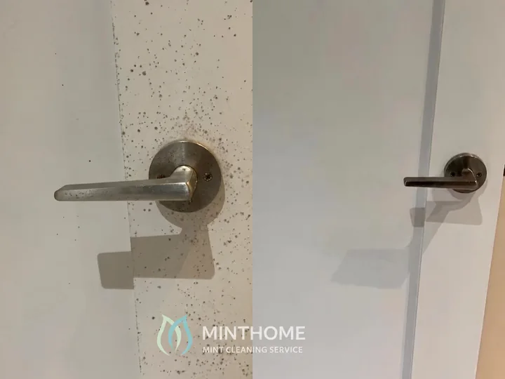 Around the door handle — Marks on the door surface, before and after cleaning.