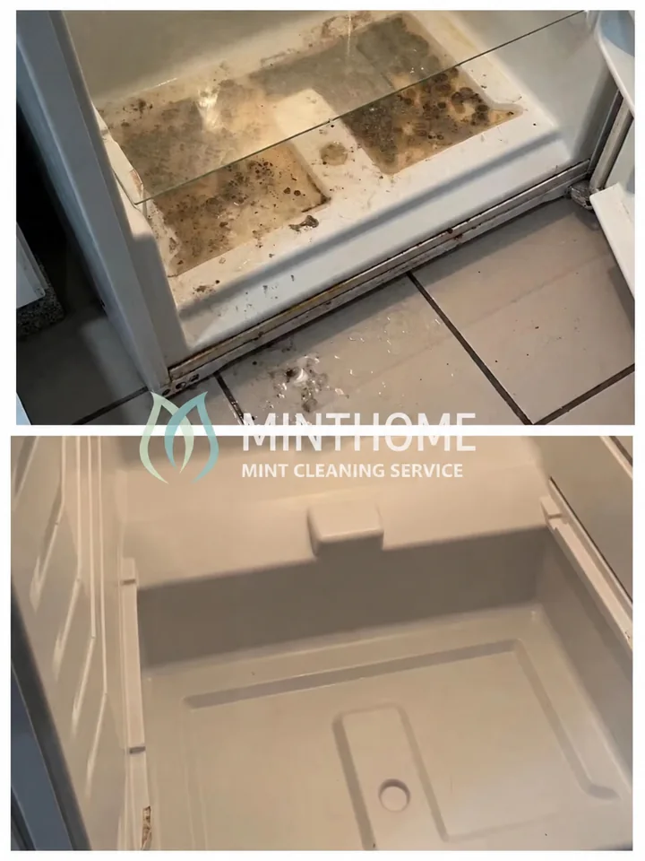 An emptied fridge, cleaned inside — Residue inside the lower fridge compartment. Request fridge interiors when arranging the visit.