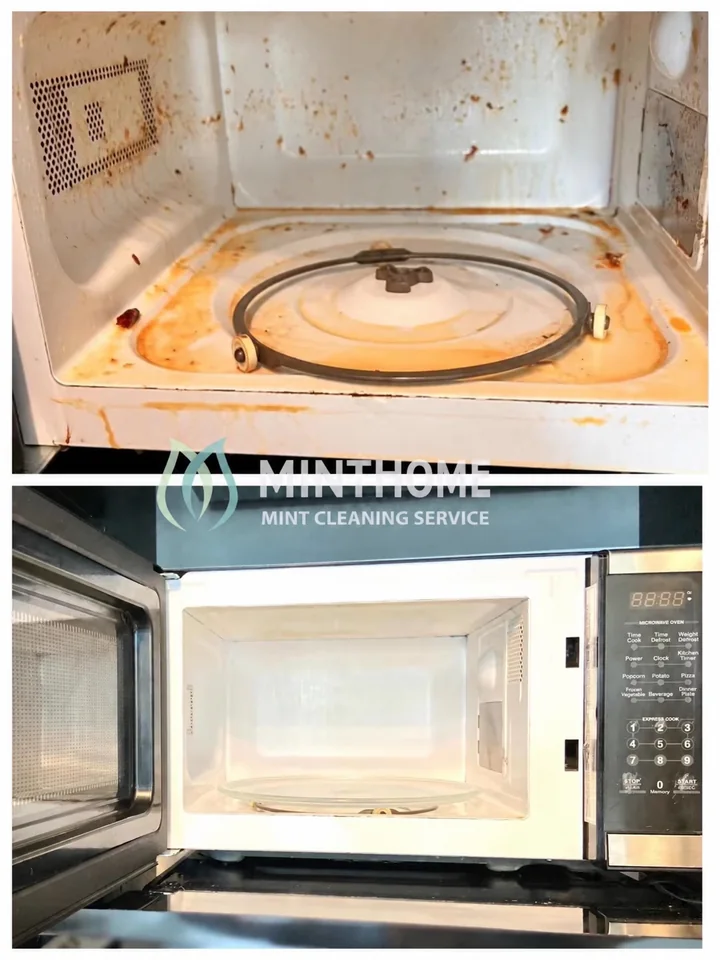 Inside the microwave — Food residue and splashes, before and after cleaning.
