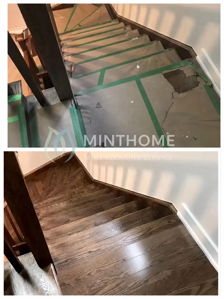 Stairs after renovation — Protective covering and debris cleared from the stairs. Removal work is agreed before the visit.
