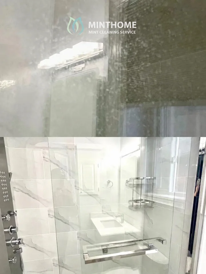 Shower glass, clearer again — Surface buildup on shower glass, before and after cleaning.