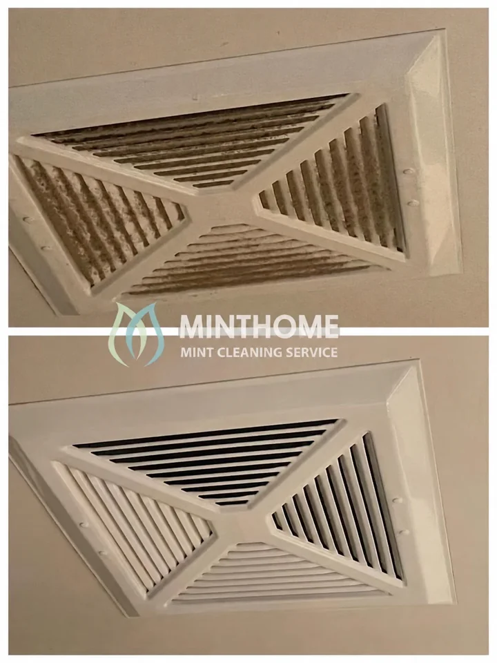 Dust on the vent cover — The visible cover, before and after cleaning. This is surface work, not internal duct cleaning.