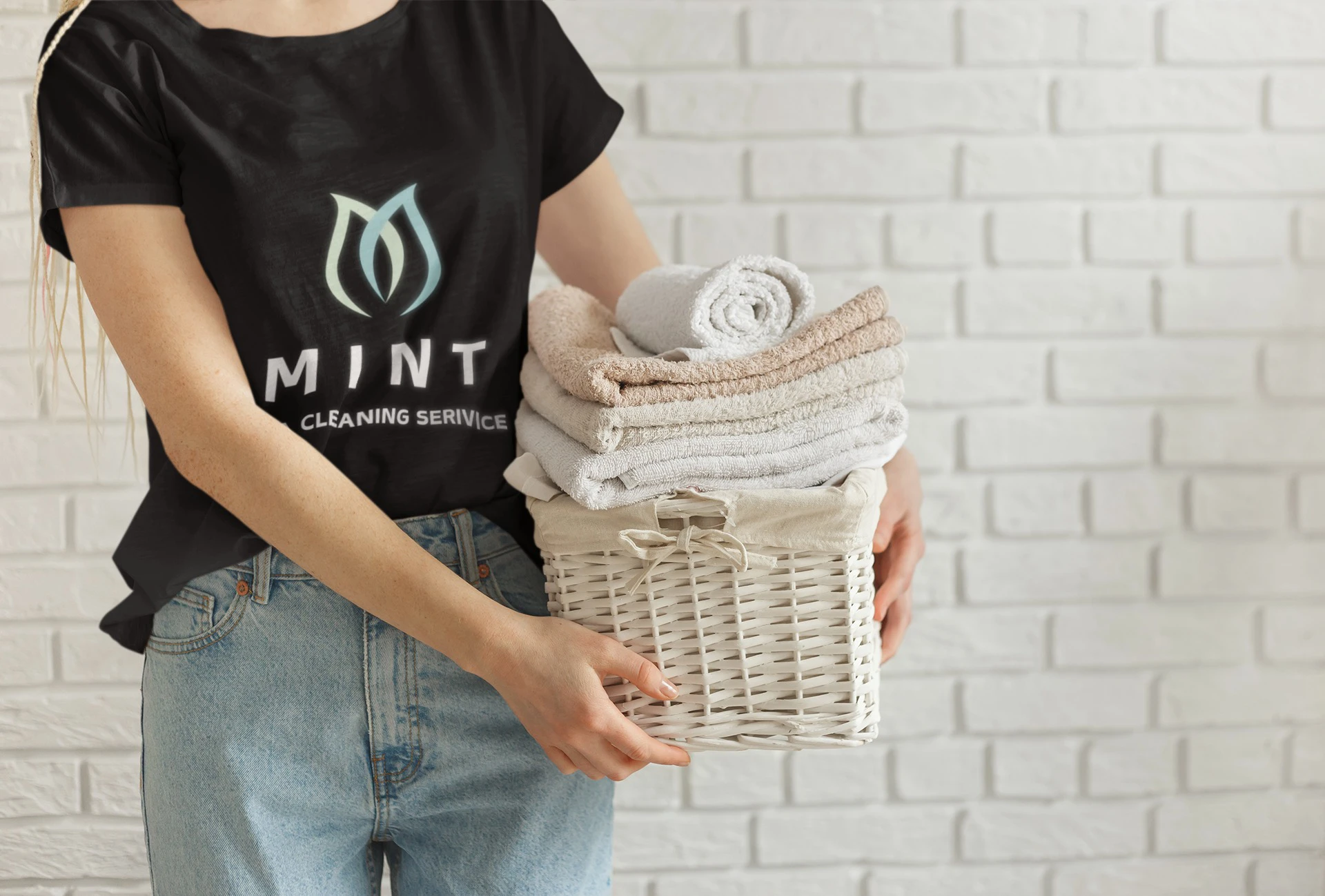 MintHome branded cleaning shirt and folded cloths